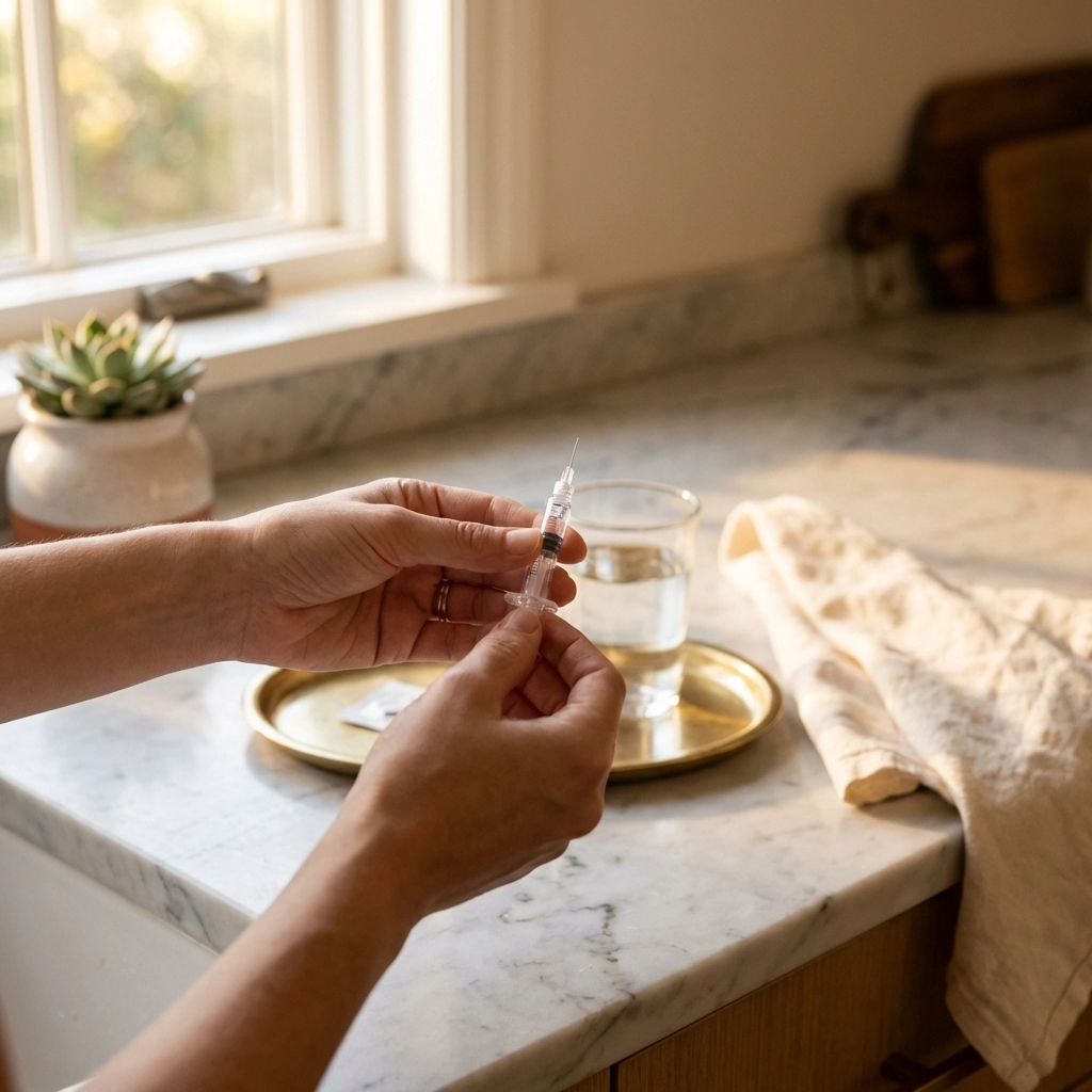 Hands preparing a Tesamorelin injection for medically supervised weight loss at a modern health clinic.