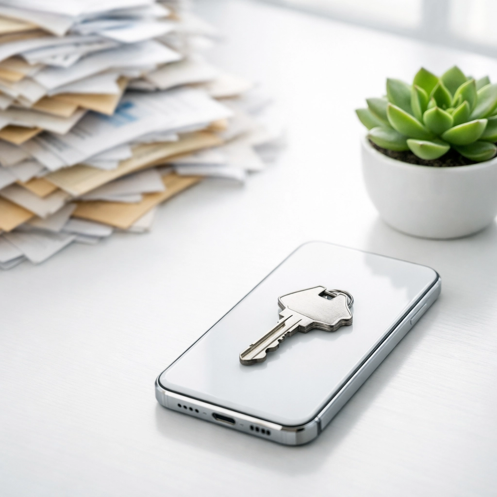 House key on a smartphone symbolizing a simple DSCR loan process over complex tax paperwork.