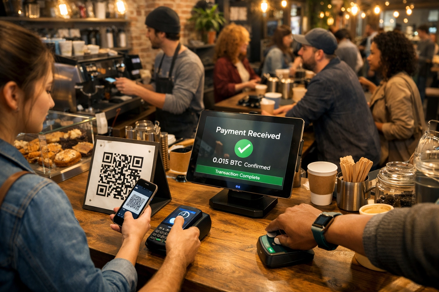 Coffee shop customers using crypto POS system with QR code and contactless NFC payments