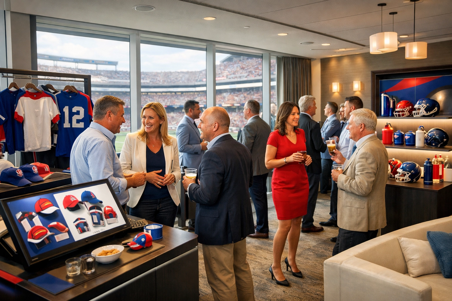 15 Super Bowl Brand Activation Ideas That Transform Passive Event Attendance Into Client Acquisition Executives networking at Super Bowl corporate hospitality suite with branded merchandise displays