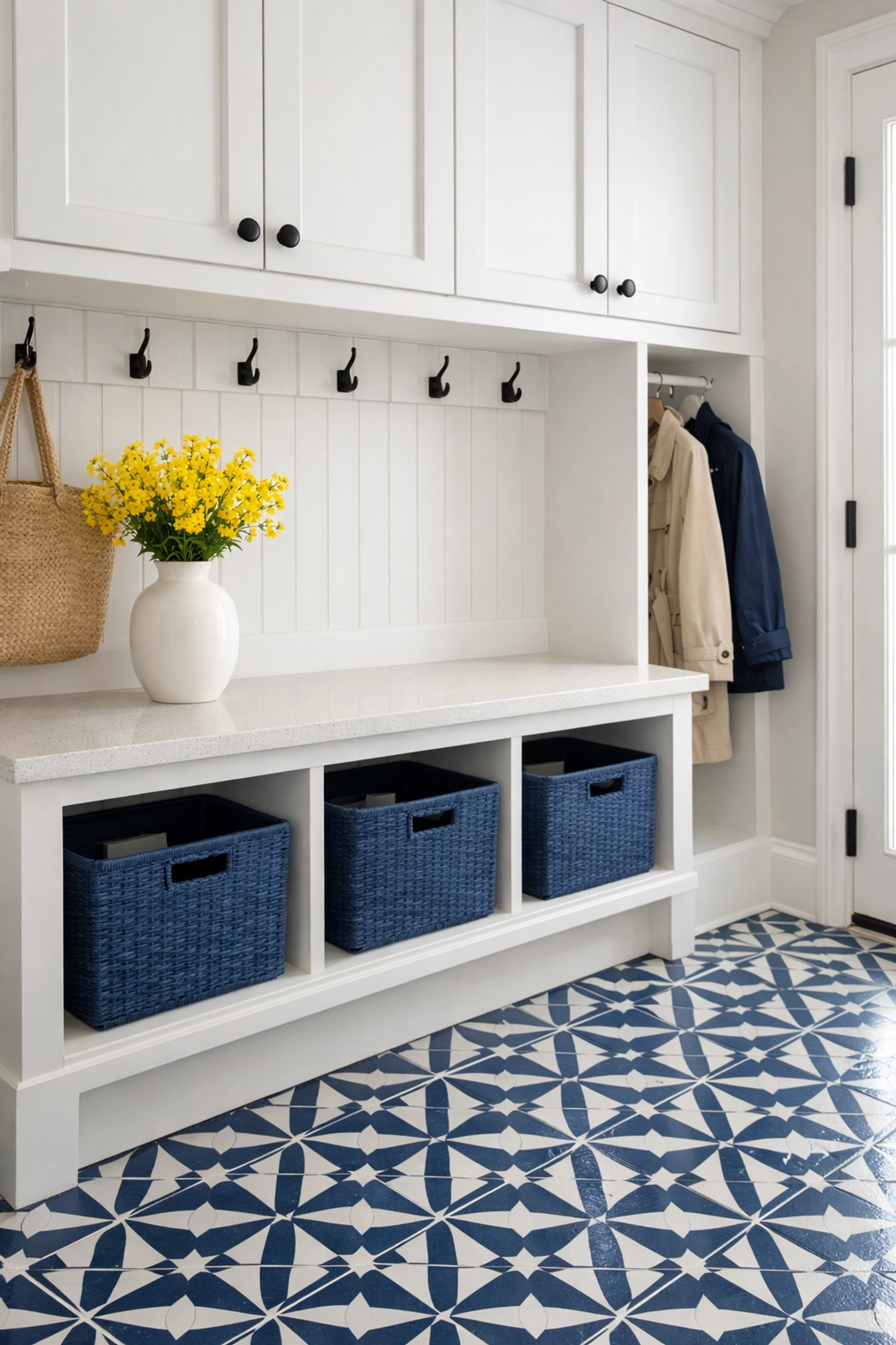 Organized mudroom with clean tile floors ready for efficient recurring house cleaning in Shrewsbury.