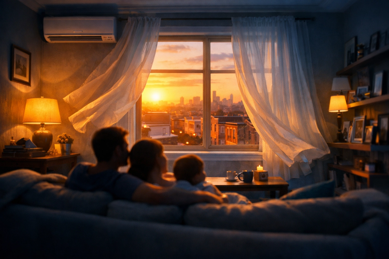 A cool, comfortable Philadelphia living room with a family relaxing during a warm sunset.