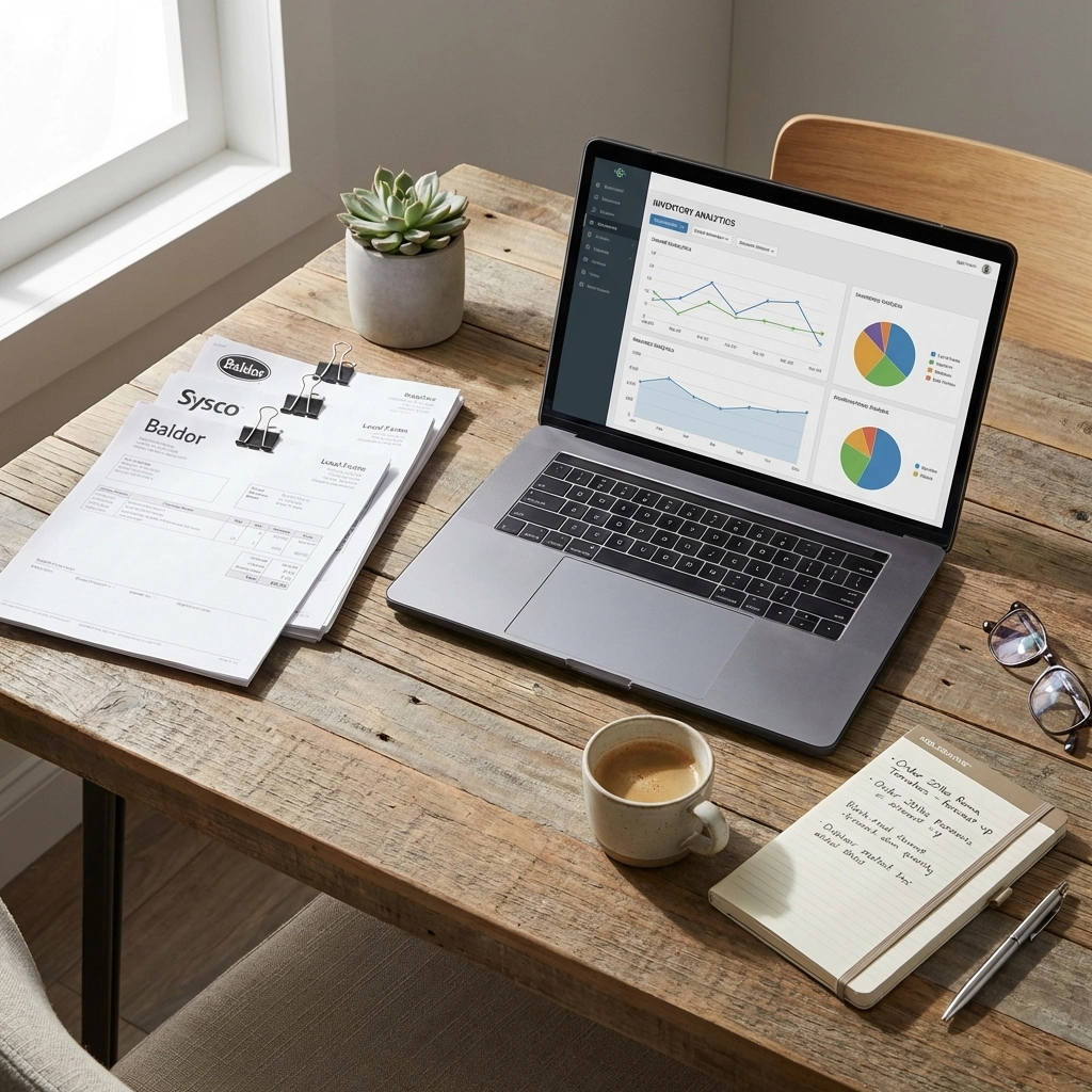 Restaurant office desk displaying charts and invoices, highlighting data-driven restaurant supply ordering