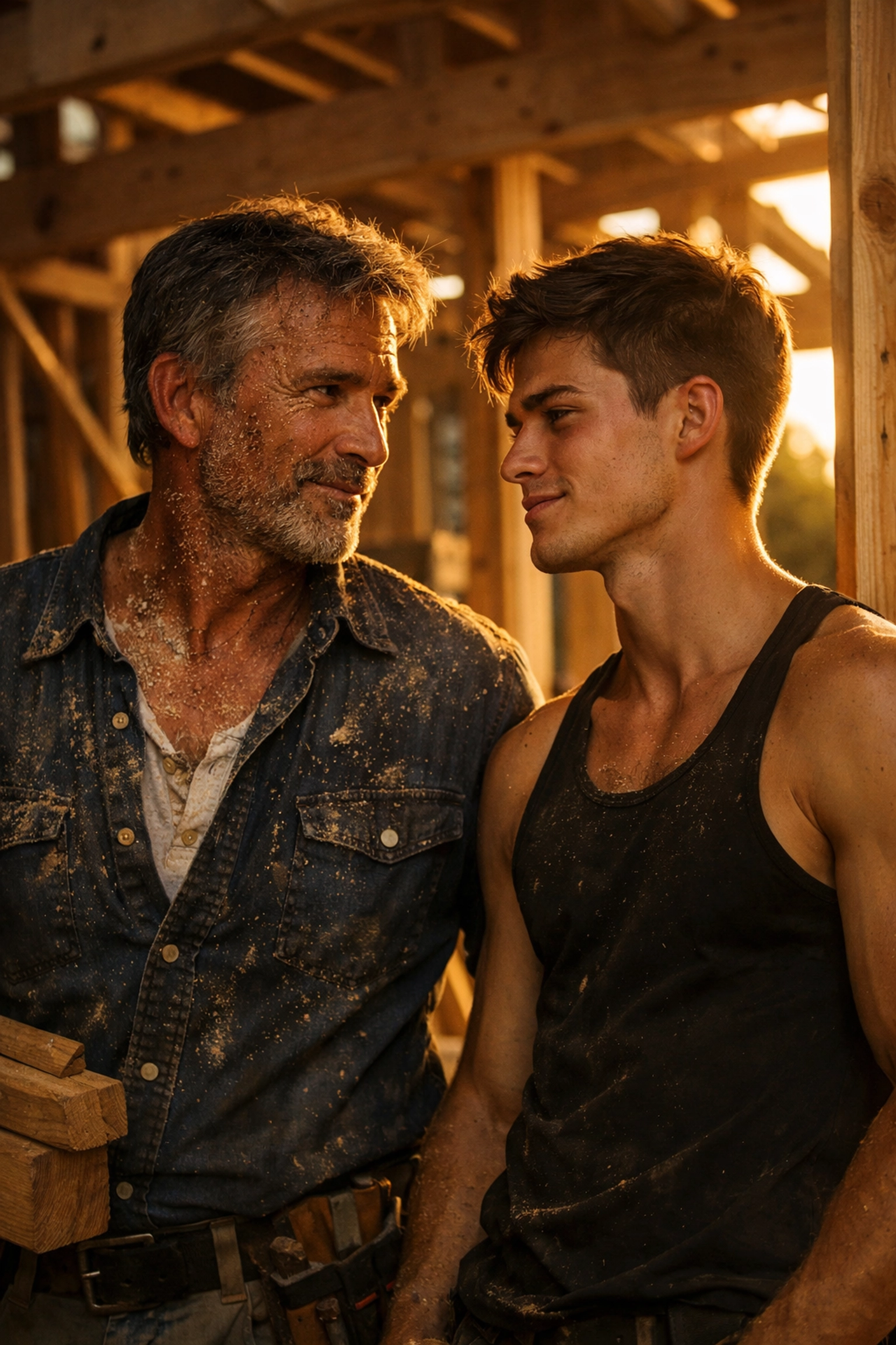 Older builder and young apprentice sharing a moment on a sunny construction site, age-gap MM romance.