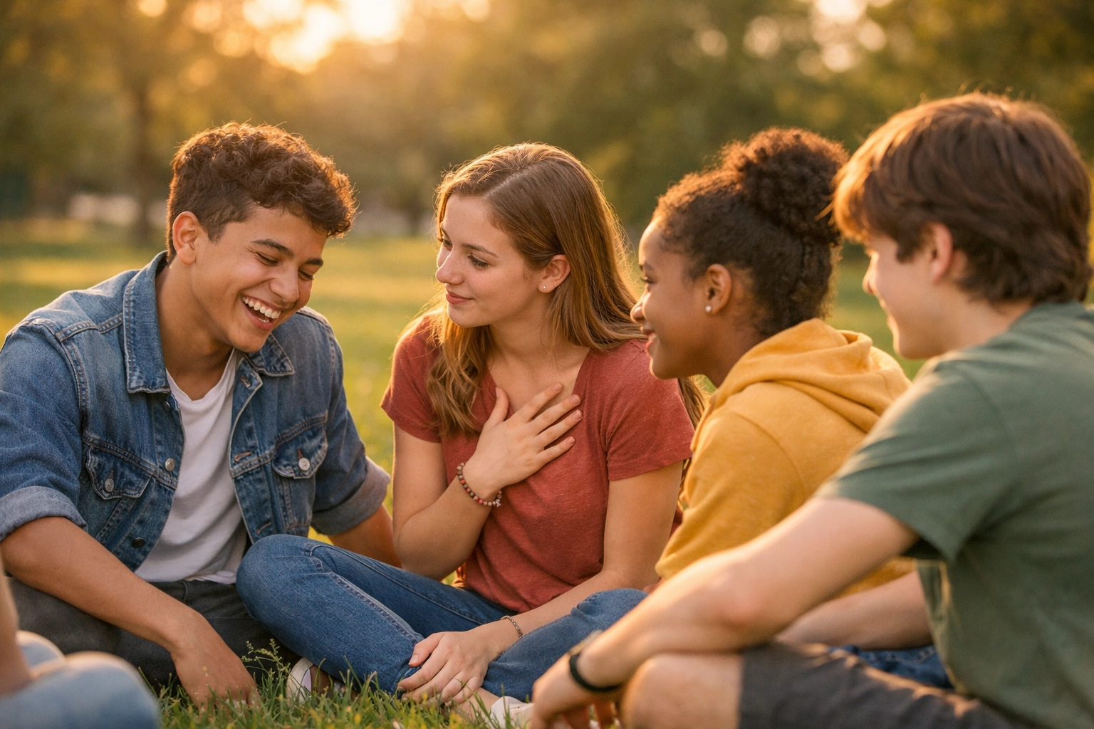 A group of diverse teens in a supportive circle, building healthy mental connections outdoors