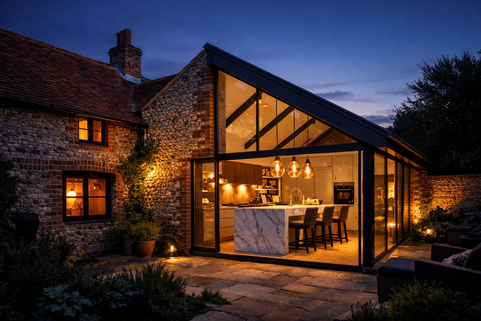 Modern luxury kitchen extension integrated with historic flint walls in Chichester.