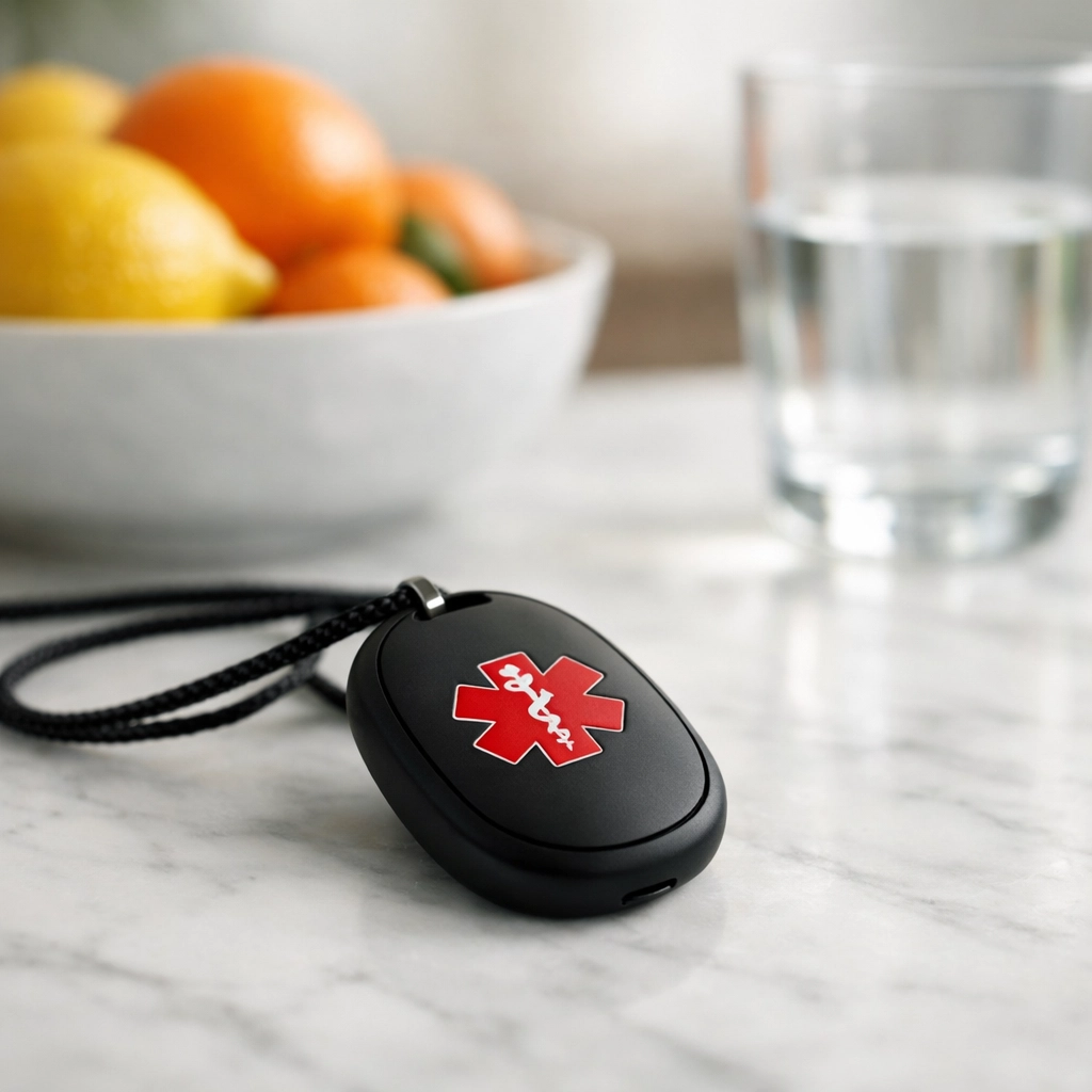 Discreet medical alert pendant for seniors on a counter, offering fall detection and emergency support.
