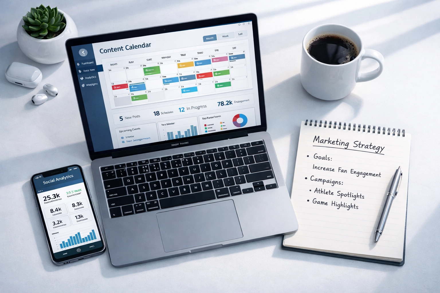 Sports marketing agency workspace showing automated content calendar and press release planning dashboard