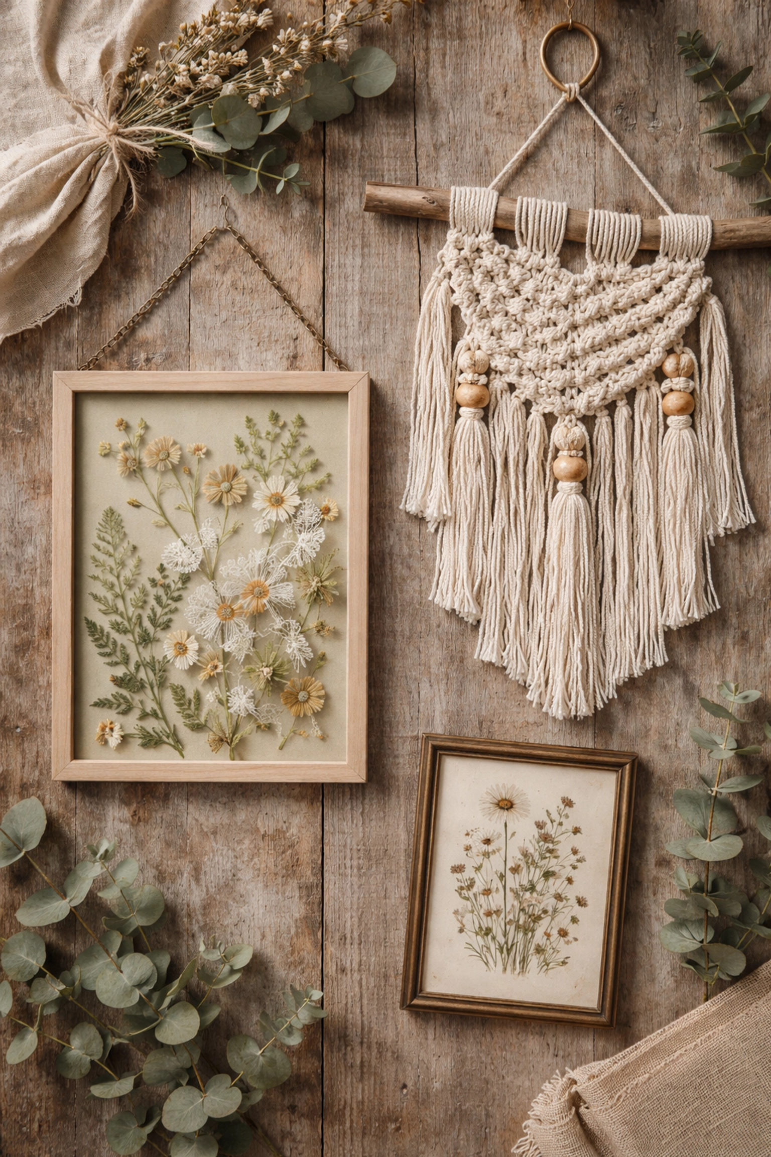 Handcrafted wall decor arrangement featuring botanical frames and macramé for an inspiring craft nook