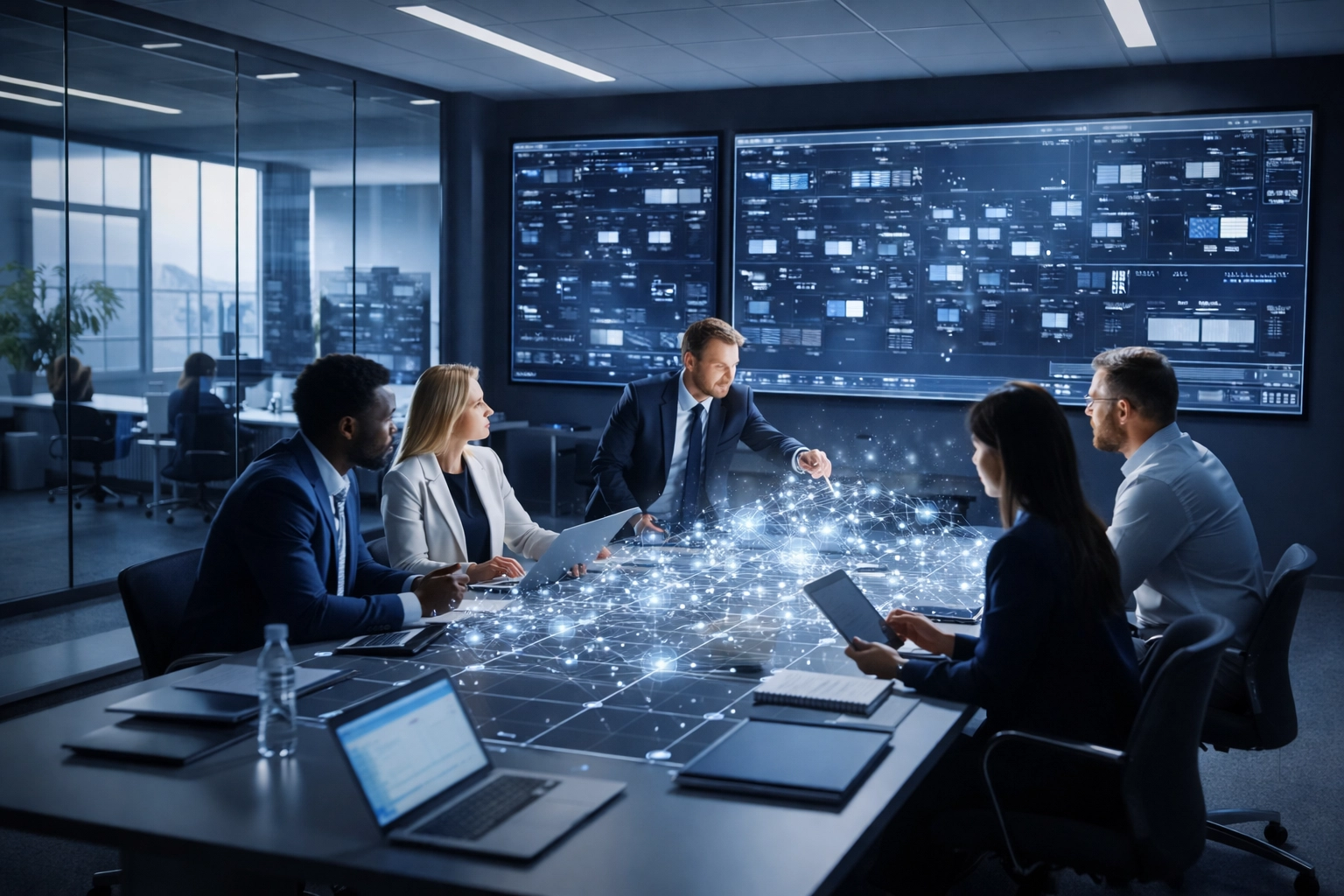 Corporate team in a modern command center analyzing operational resilience and data workflows