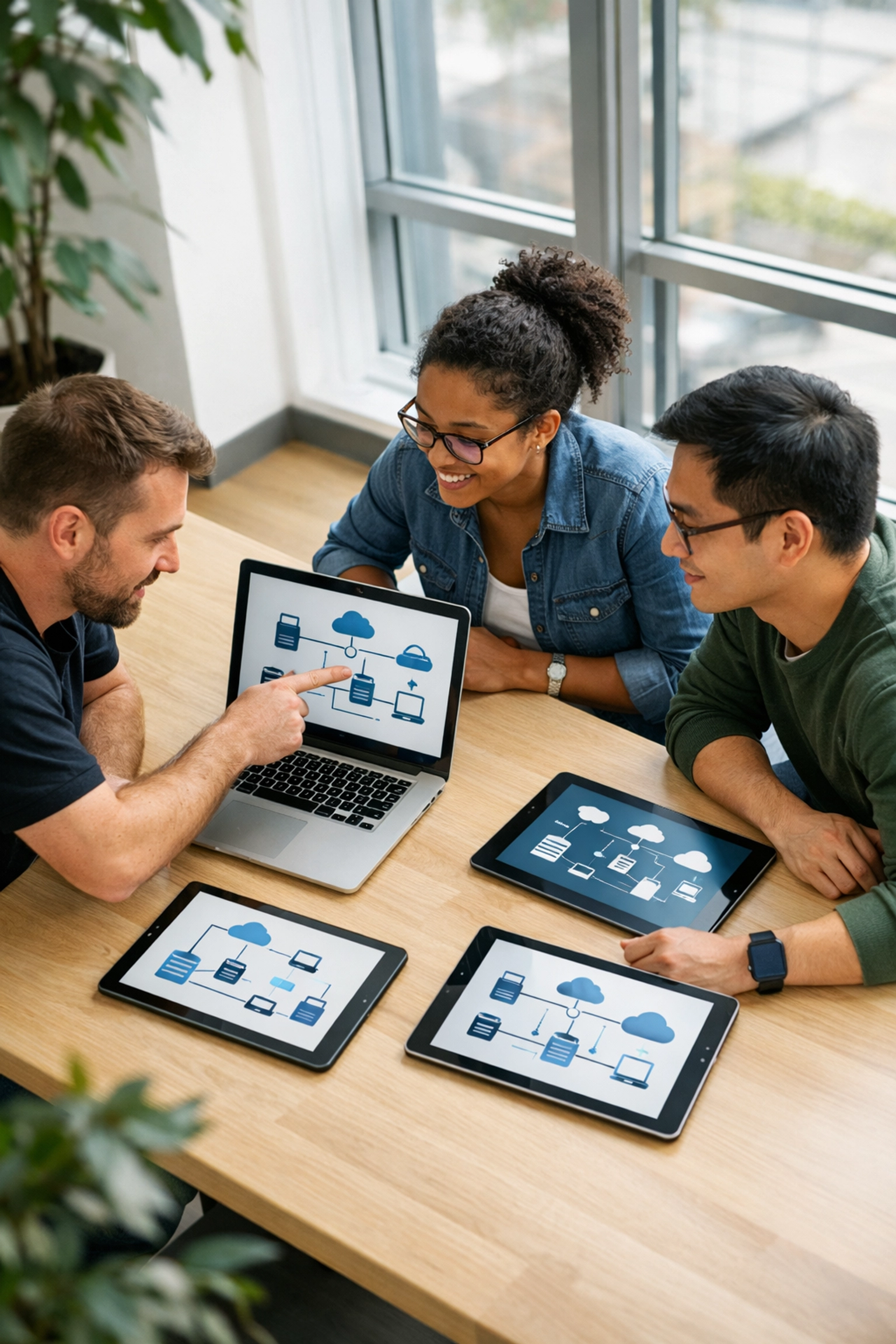 ServiceNow implementation partner team collaborating on ITOM and compliance strategies in a modern office.