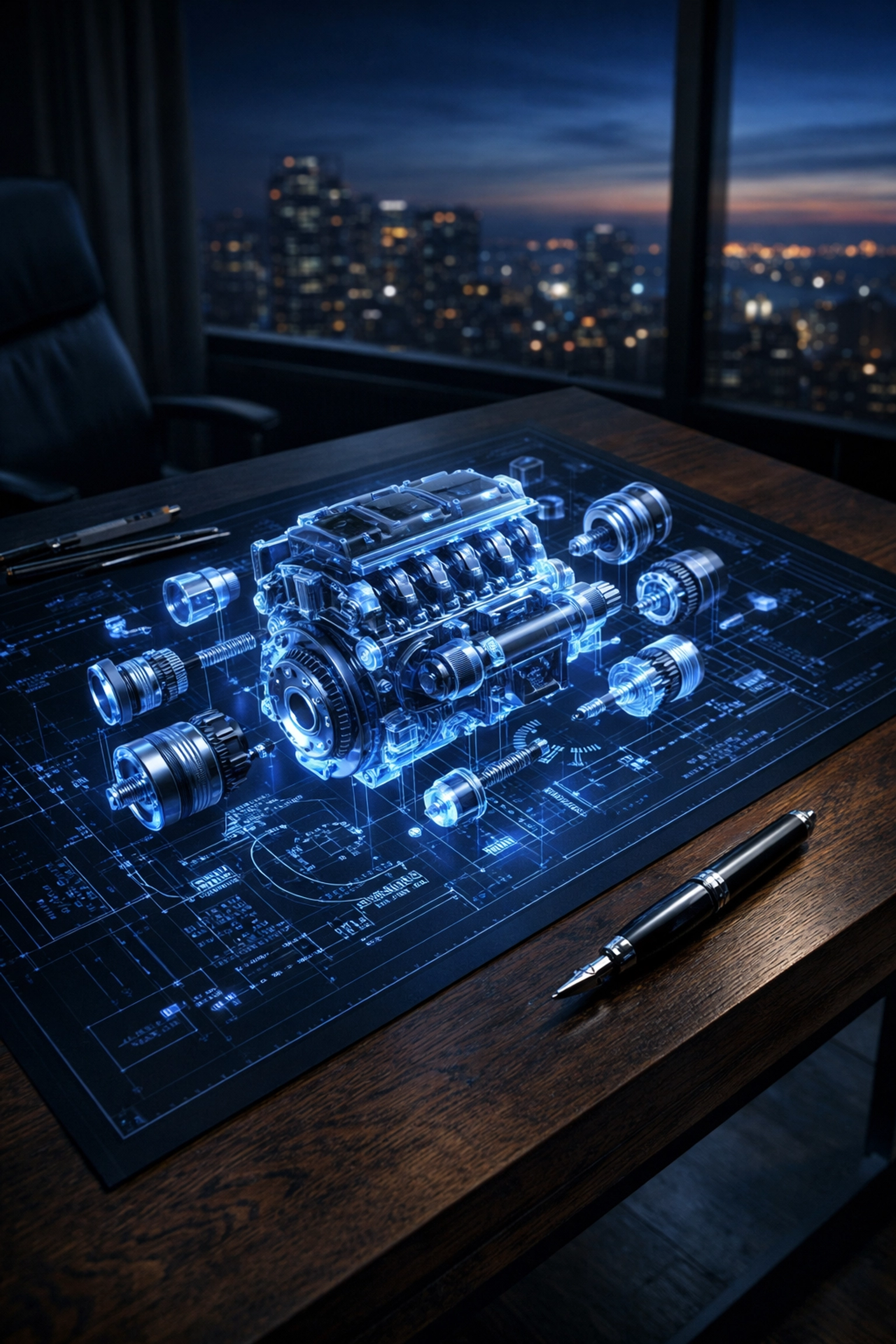 Glowing mechanical blueprint on a desk representing a strategic business plan for startup growth.