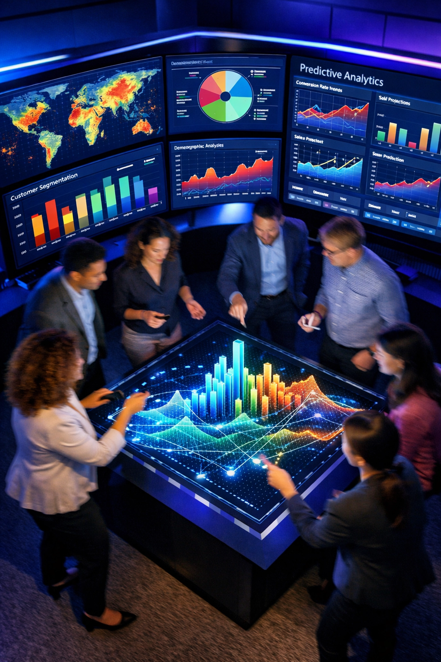Marketing team analyzing first-party data and customer segmentation dashboards for Super Bowl campaign