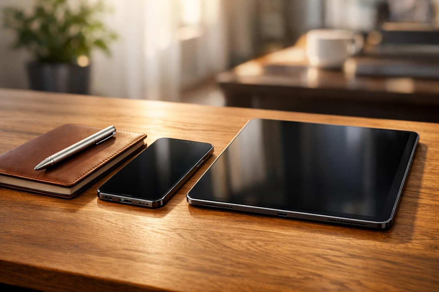 Professional workspace with smartphone and tablet for documenting romance scam evidence.