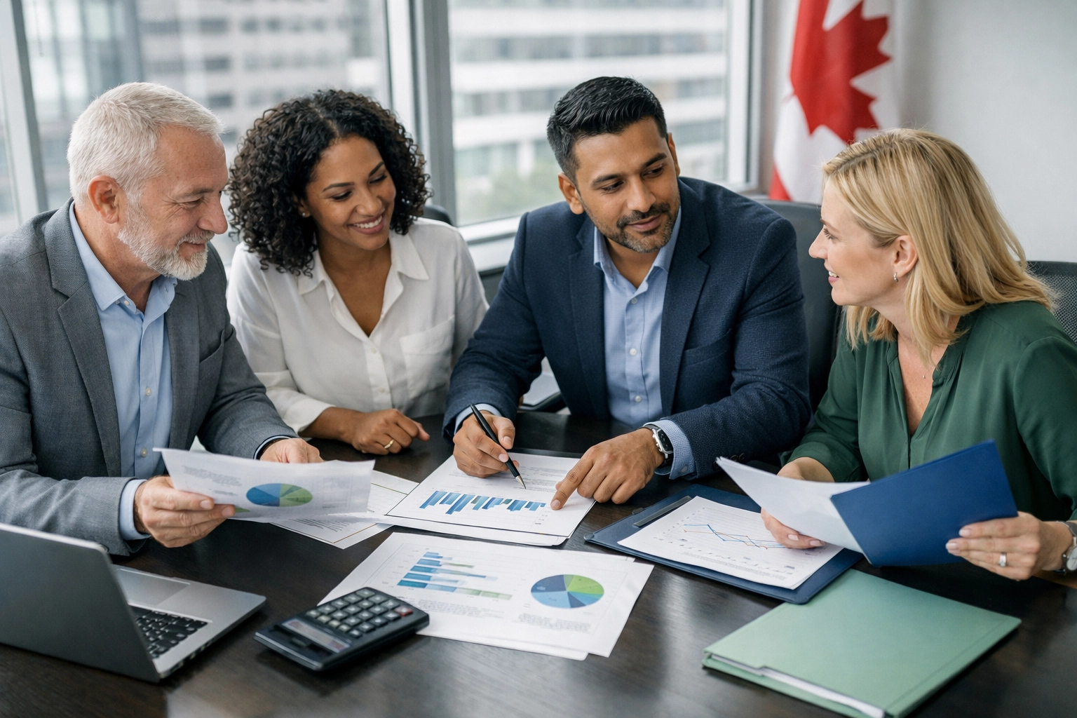 Canadian business owners reviewing working capital loan options and financial documents at meeting