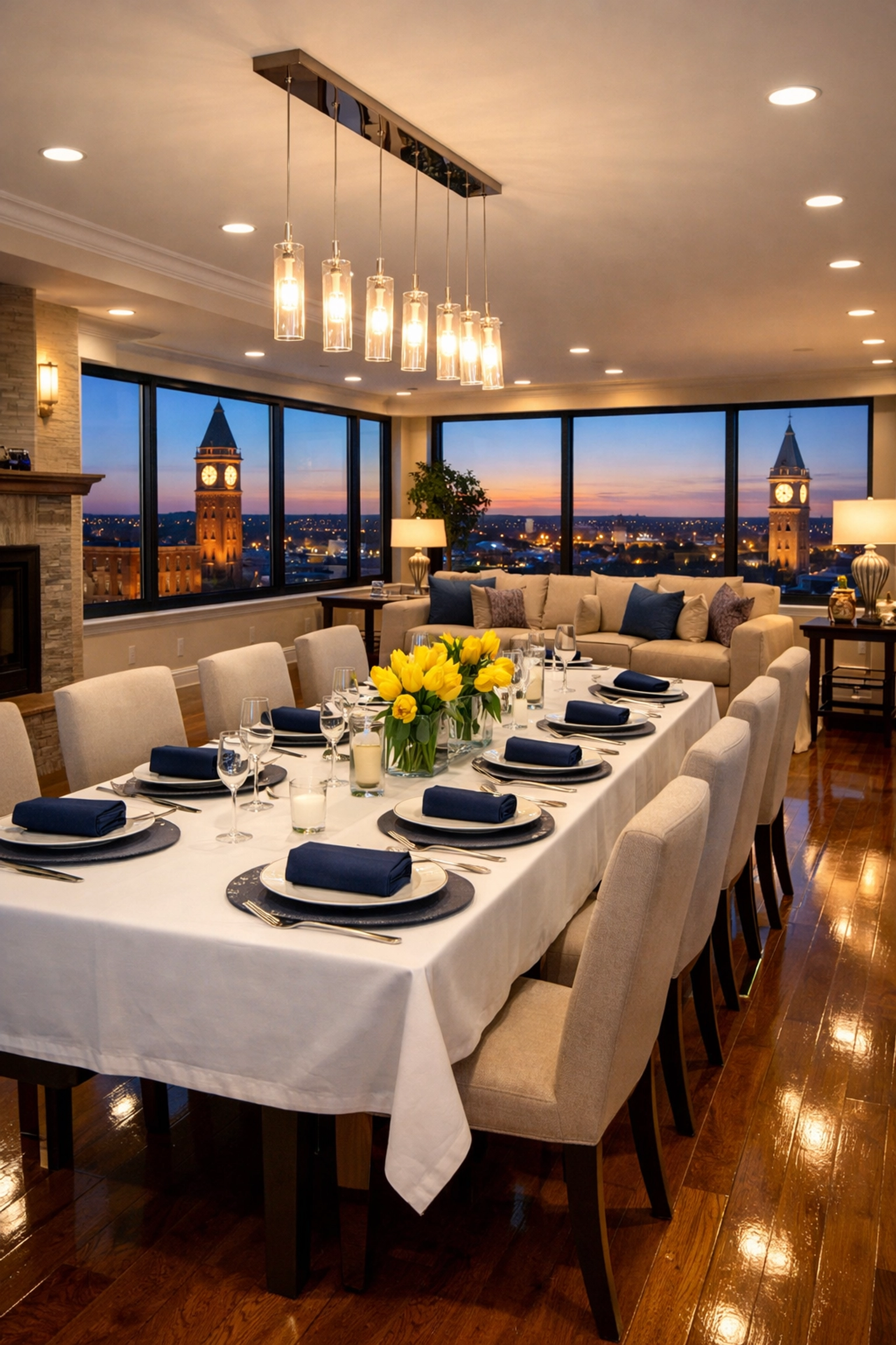 Expansive dining area in a Lowell penthouse with polished floors following a professional deep cleaning Lowell session.