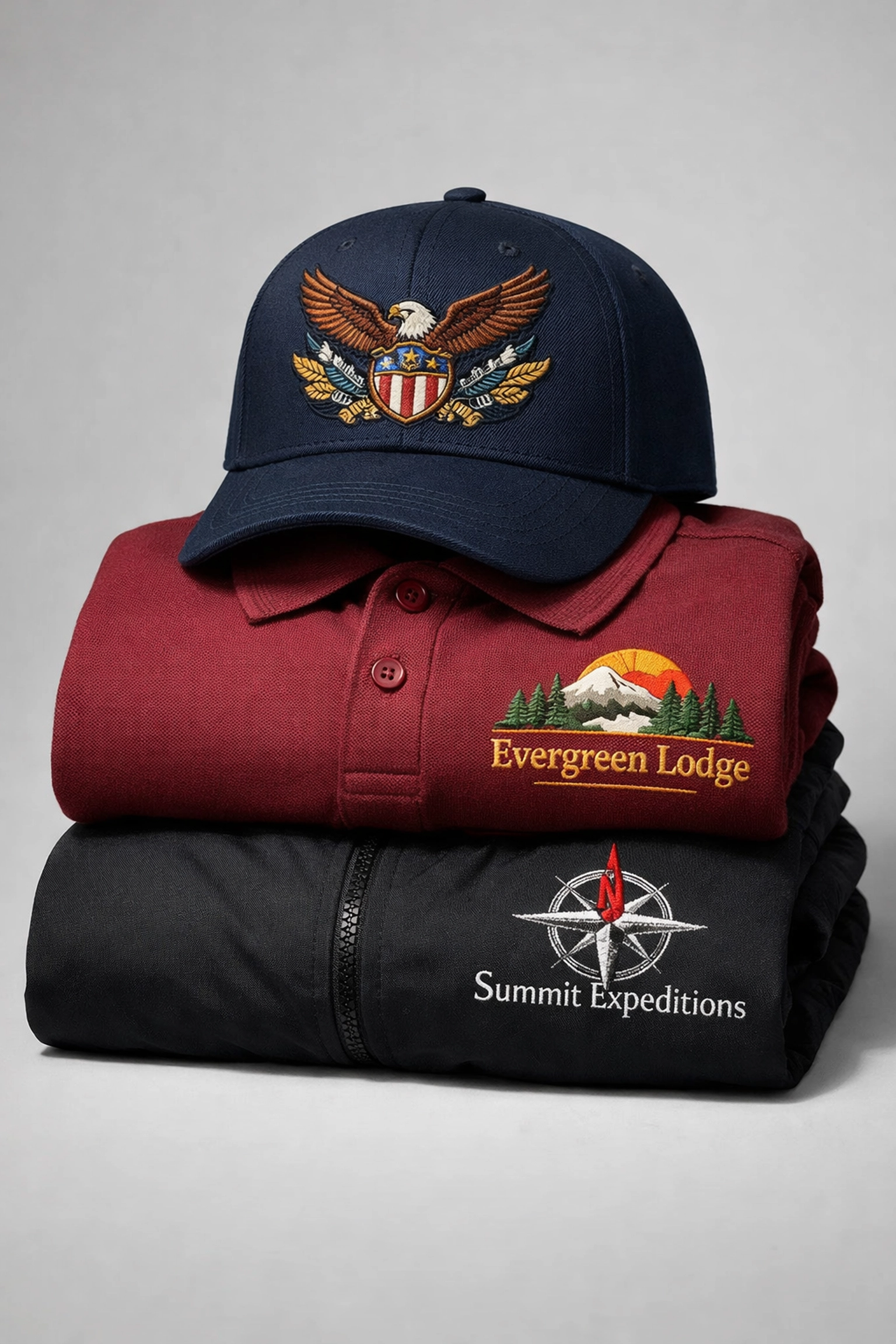 Custom embroidered apparel including cap, polo shirt, and jacket