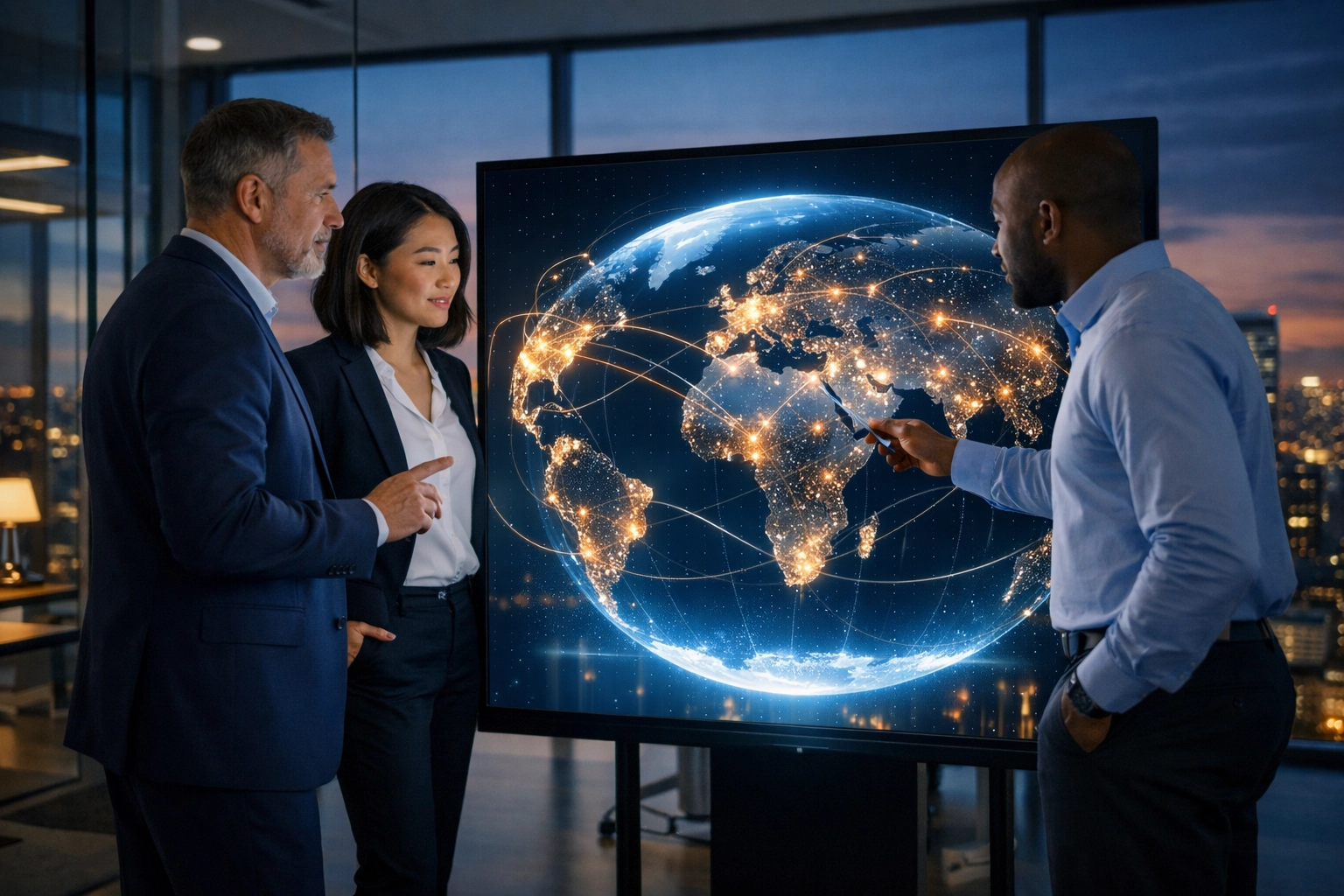 Strategic media analysts in a modern office reviewing global connectivity to expand sports advertising reach.