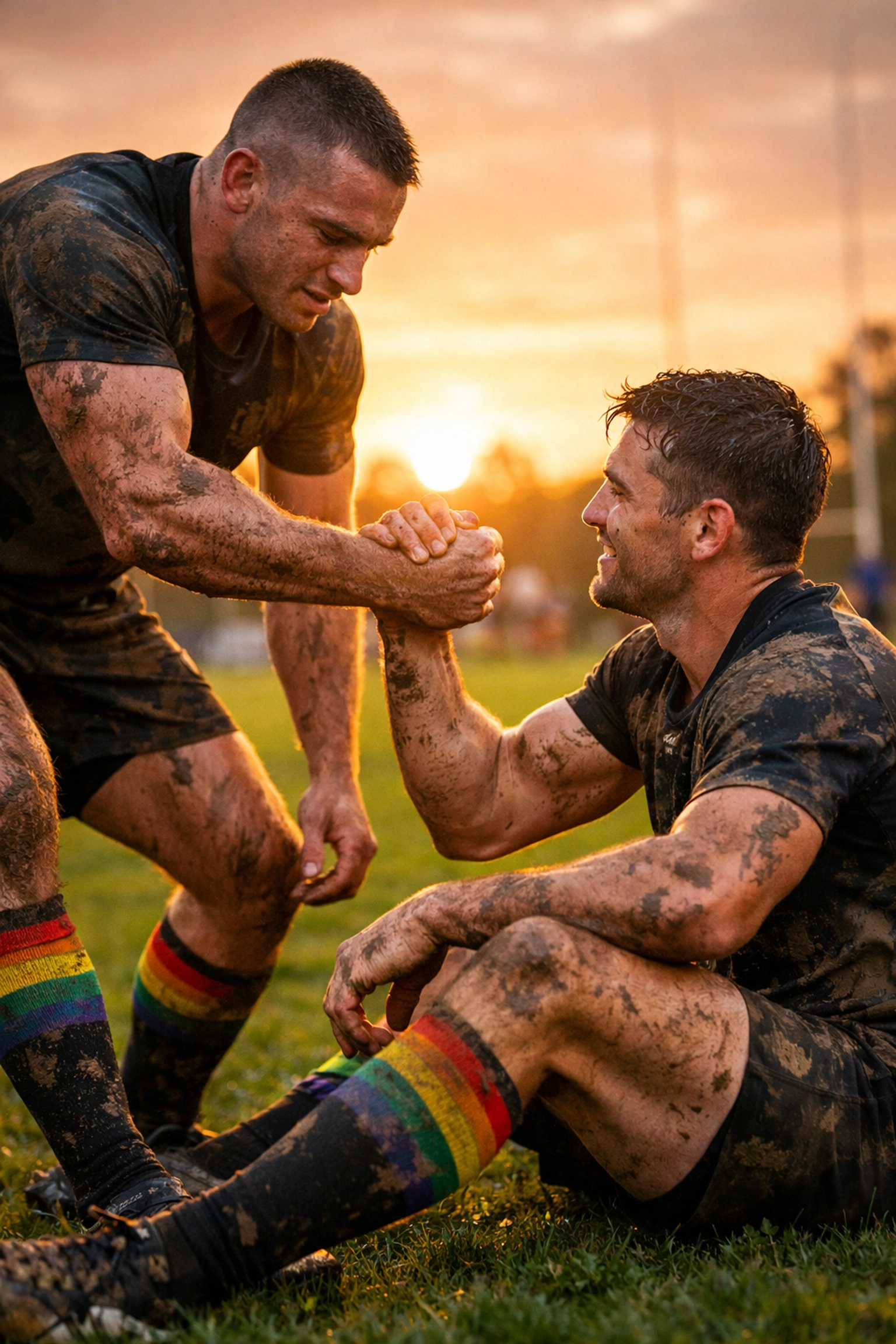 Gay rugby players showing sportsmanship on the field, building community through queer sports hobbies.
