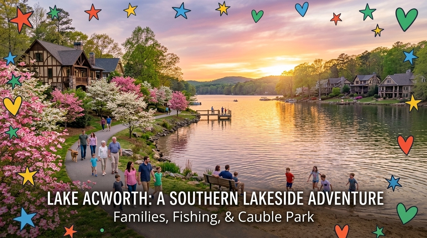 A breathtaking sunset view over Lake Acworth with families playing in Cauble Park, fishing off the pier, and vibrant greenery, bordered by playful hand-drawn star and heart frame accents