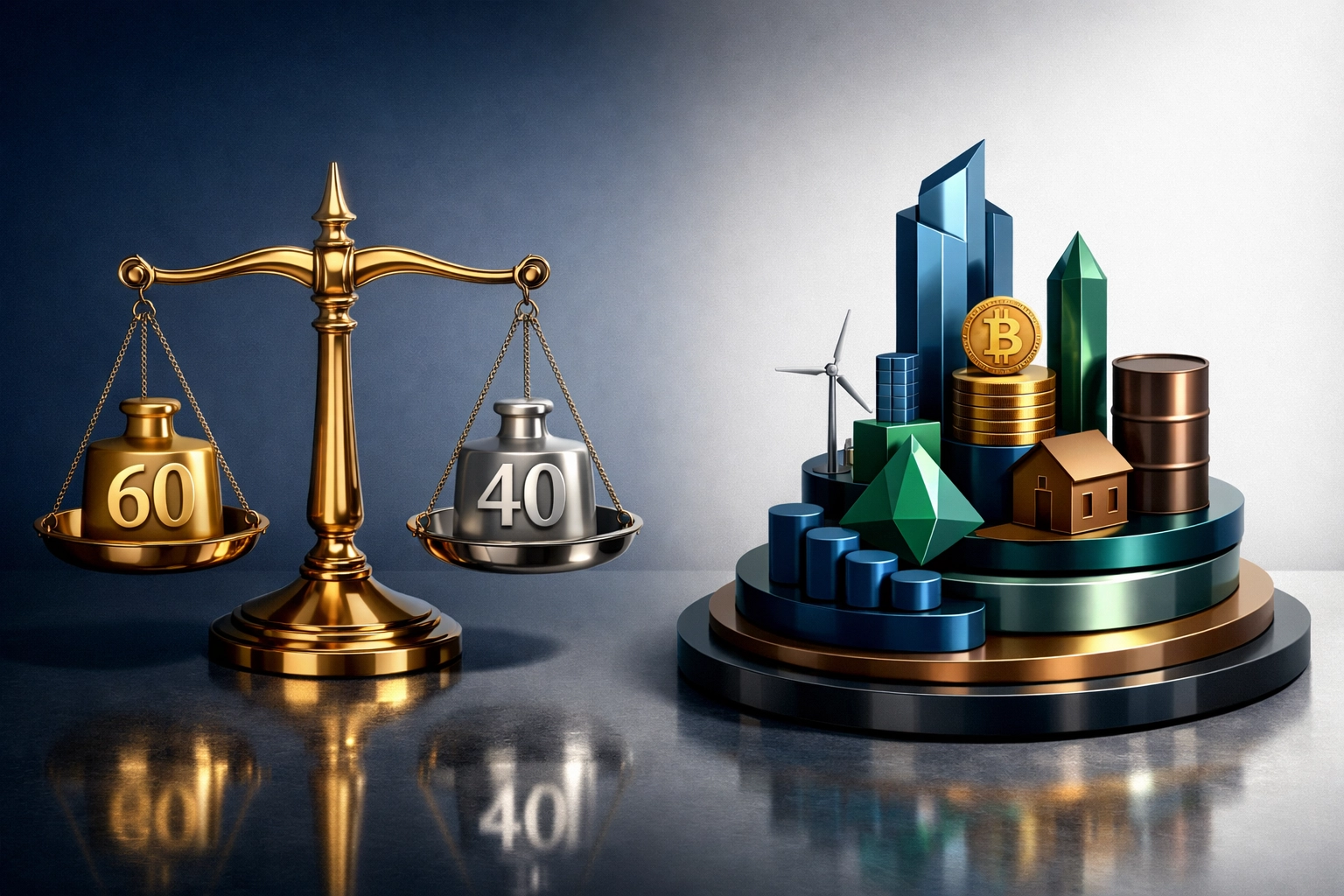 Traditional 60/40 portfolio balanced scale compared to modern diversified investment allocation