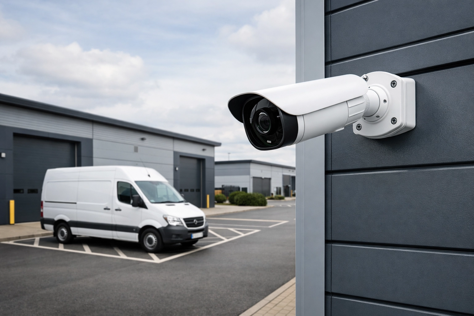 Professional commercial CCTV camera installation on a modern Oxford warehouse exterior.