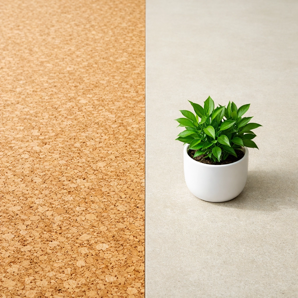 Transition between natural cork and linoleum flooring in a kid-friendly NYC renovation.