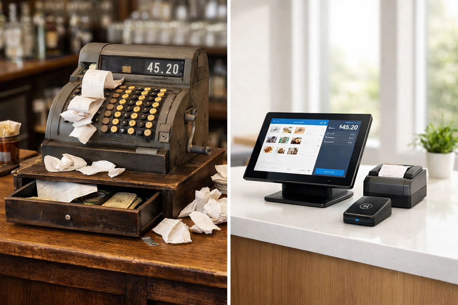 Comparison of old cash register versus modern EPOS touchscreen system
