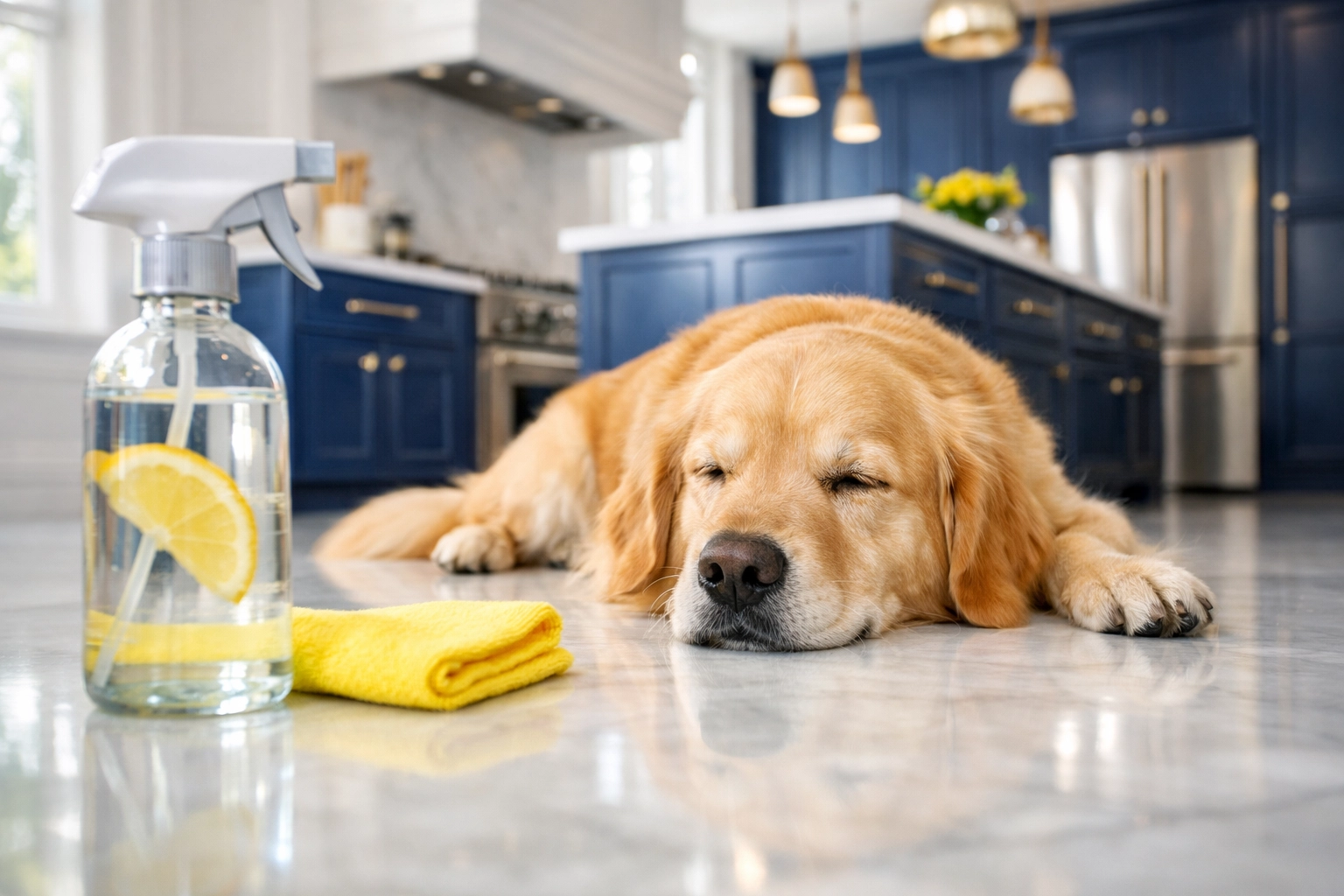 Golden Retriever on a clean marble kitchen floor with eco-friendly cleaning supplies in Sudbury MA.