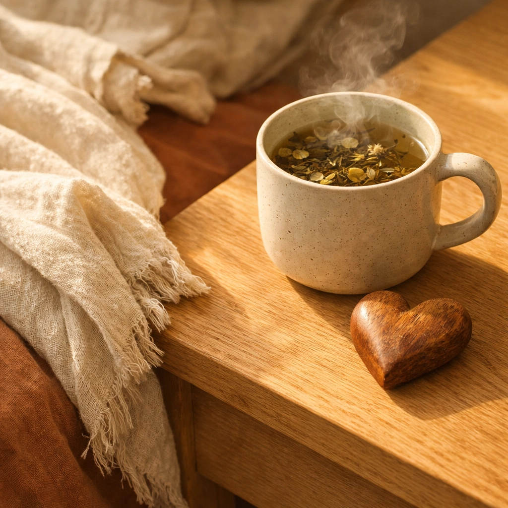 Restorative postpartum care setting with tea and soft linens, symbolizing the unconditional support of Agape love.
