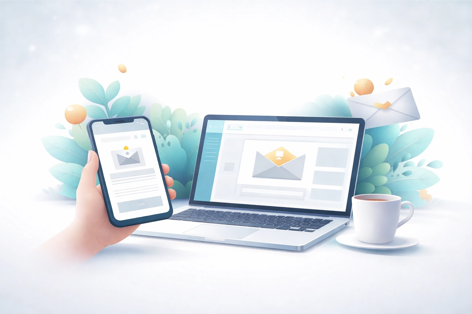 Moderní zobrazení e-mailového newsletteru na mobilu i notebooku s personalizovanou nabídkou v češtině.