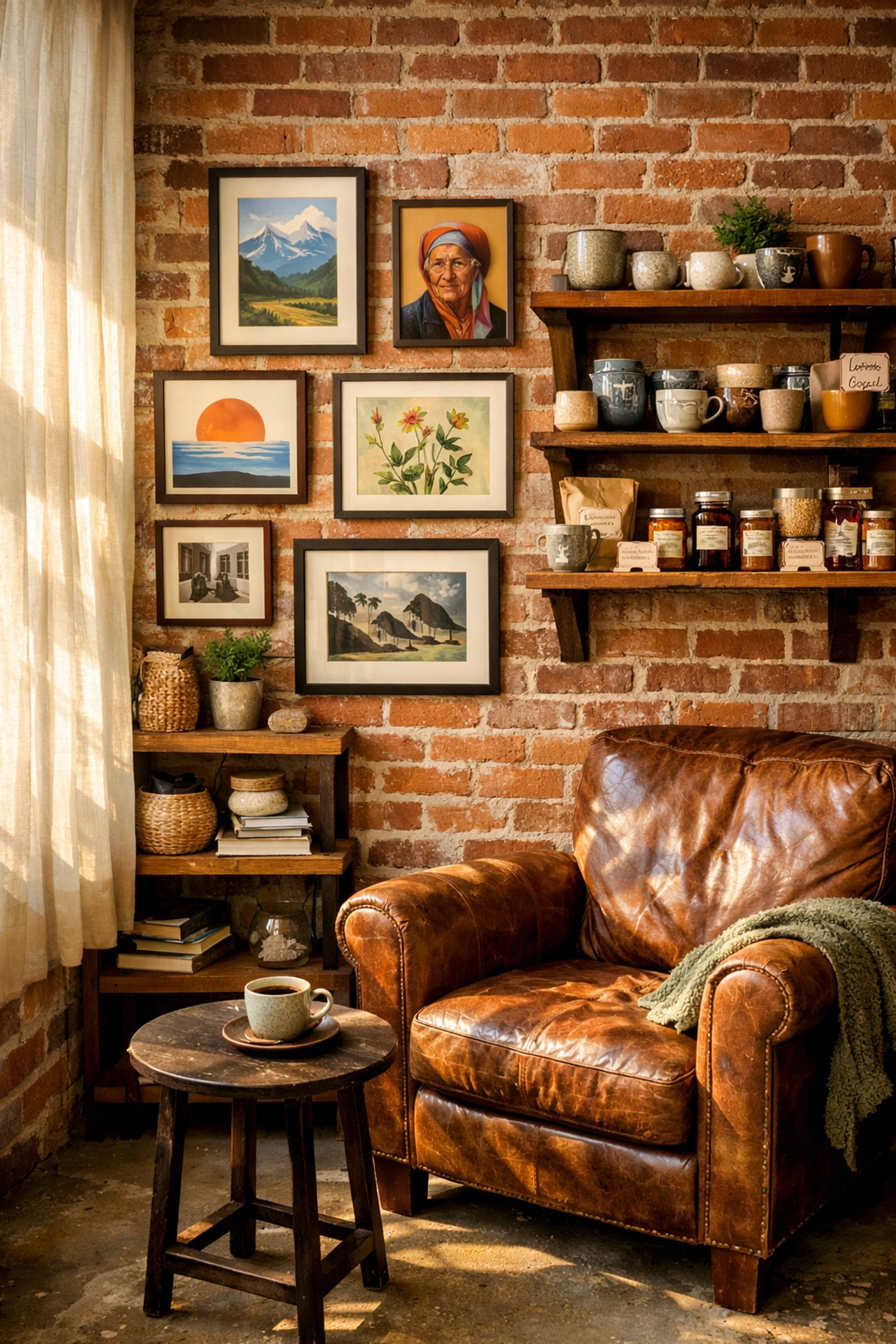 Café corner featuring local art gallery wall and artisan products for neighborhood connection