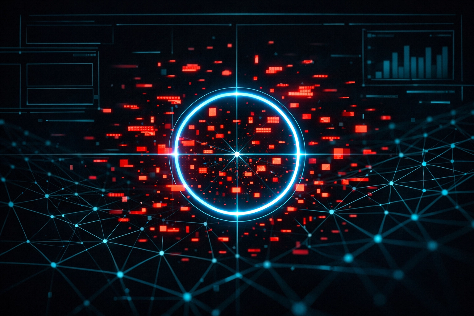 Digital UI wireframe showing a neon scanning ring identifying false positive glitches in visual regression testing.