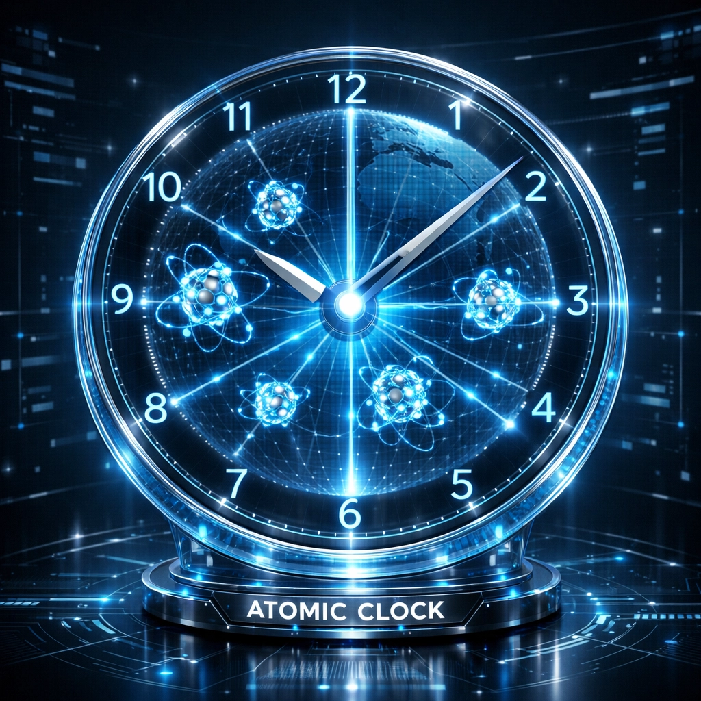 Holographic atomic clock showing UTC as the global standard for calculating time zone offsets.
