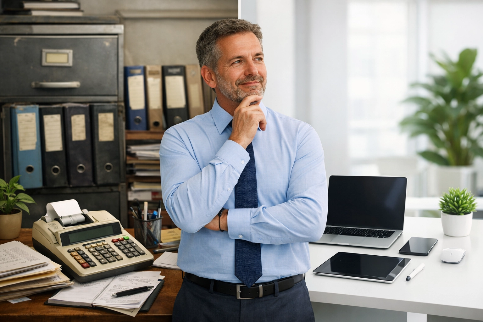 Comparison of outdated filing cabinets versus modern digital bookkeeping workspace Comparison of outdated filing cabinets versus modern digital bookkeeping workspace