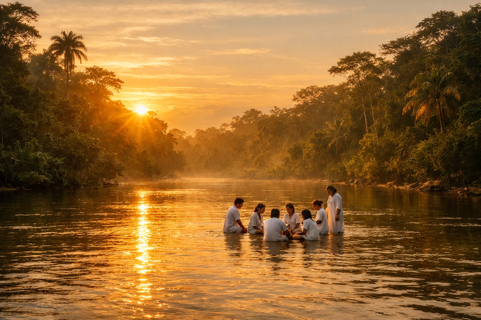 Christian baptism ceremony in the Amazon river during a massive spiritual revival in Brazil.