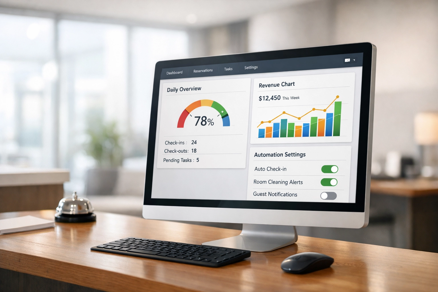 Hotel reception desk with PMS automation dashboard displaying real-time pricing and analytics