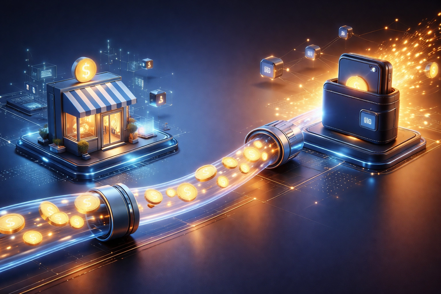 Digital tokenized cash flow streamlining payments from small business to merchant wallet with Web3 technology.