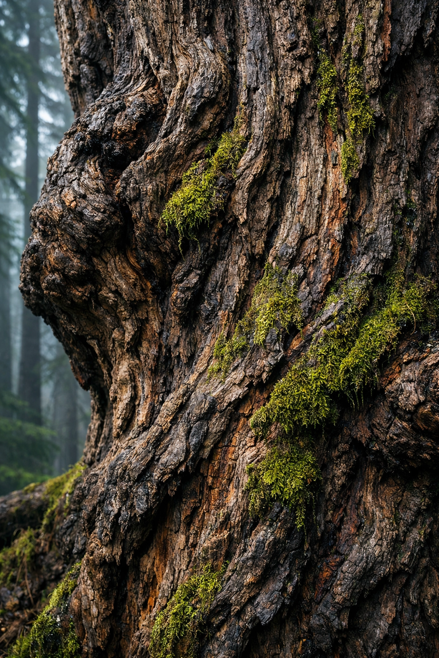 Close-up landscape photography of a textured mossy tree trunk in a misty forest showing organic detail.