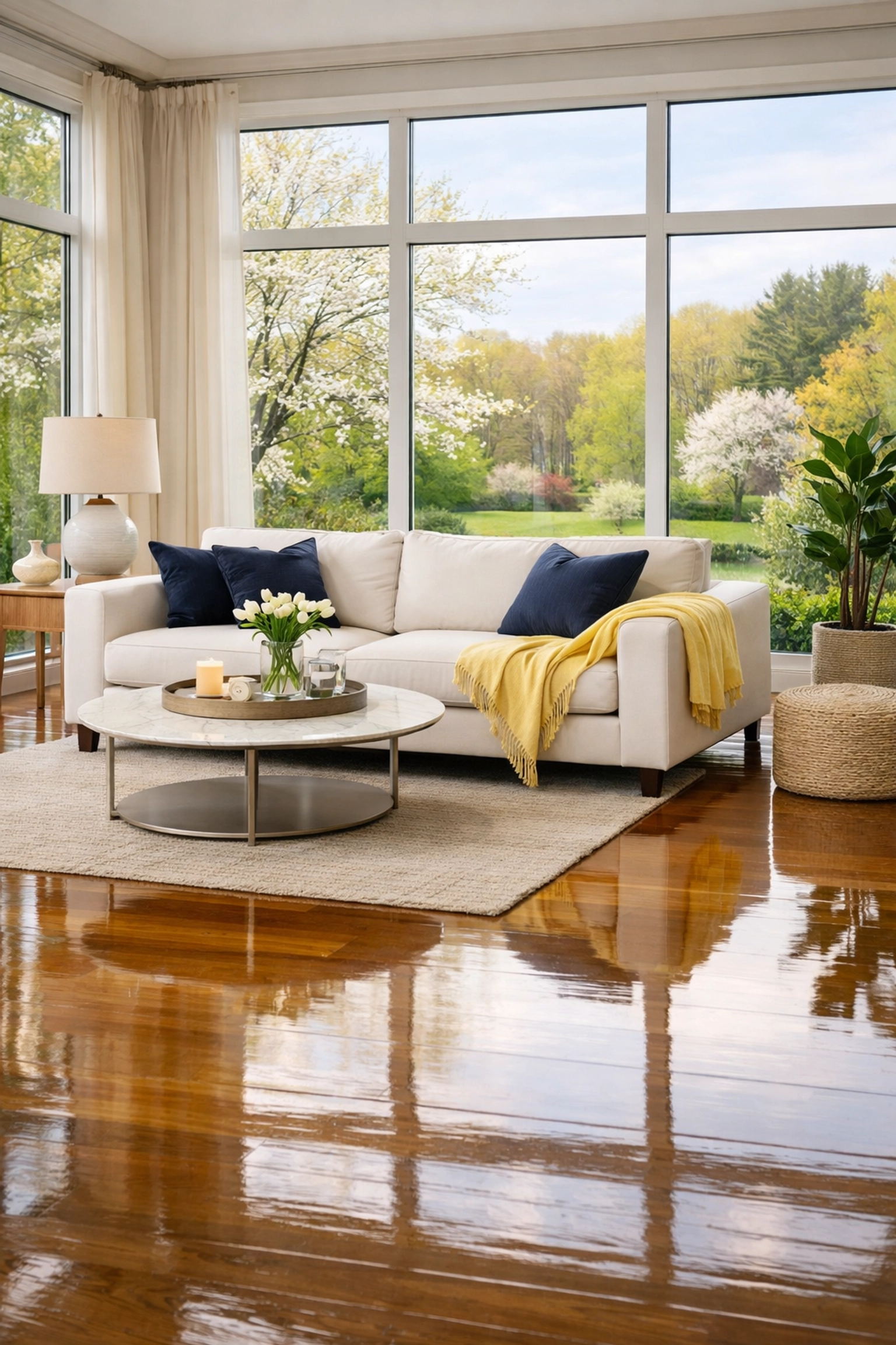 Spotless living room sanctuary in Lynnfield with polished hardwood floors after professional cleaning.