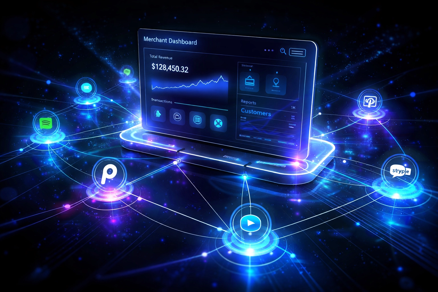 Futuristic dashboard showing merchant payment integration with glowing connections, ideal for seamless crypto payment setup