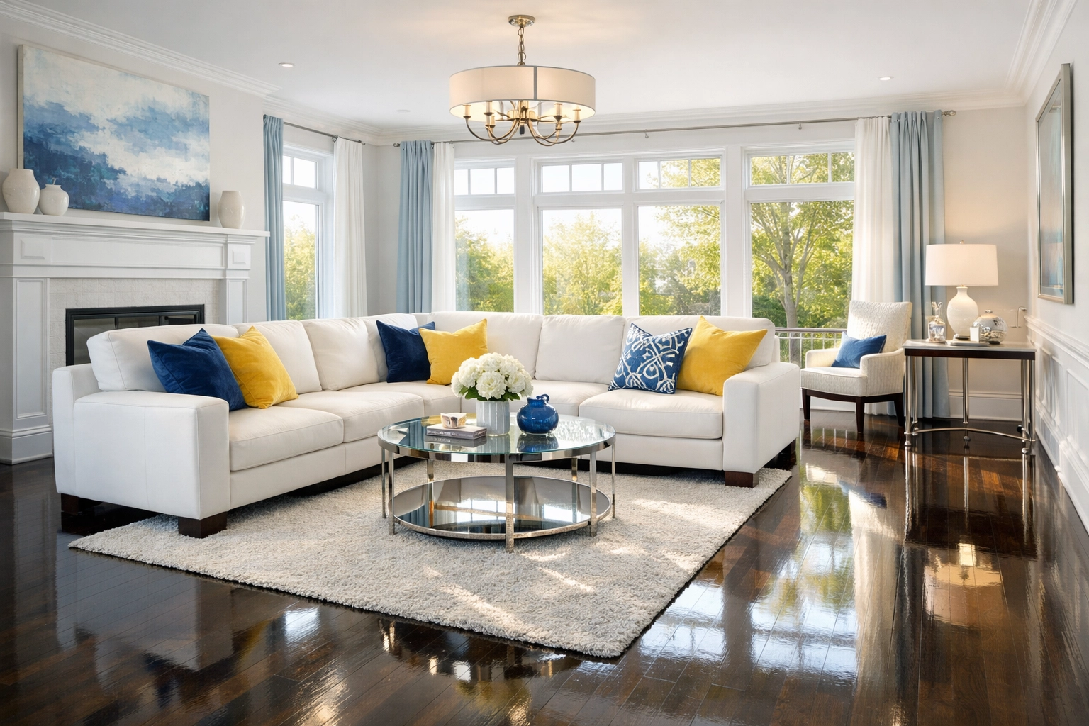 Spotless living room and polished floors after professional apartment cleaning and house cleaning in Marlborough.