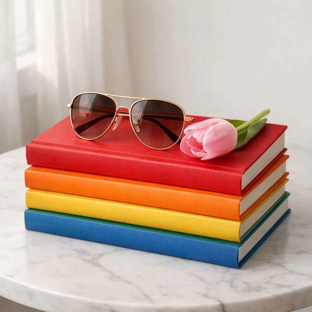 A stack of colorful LGBTQ+ books and MM romance novels with a spring tulip, blending queer literature and style.