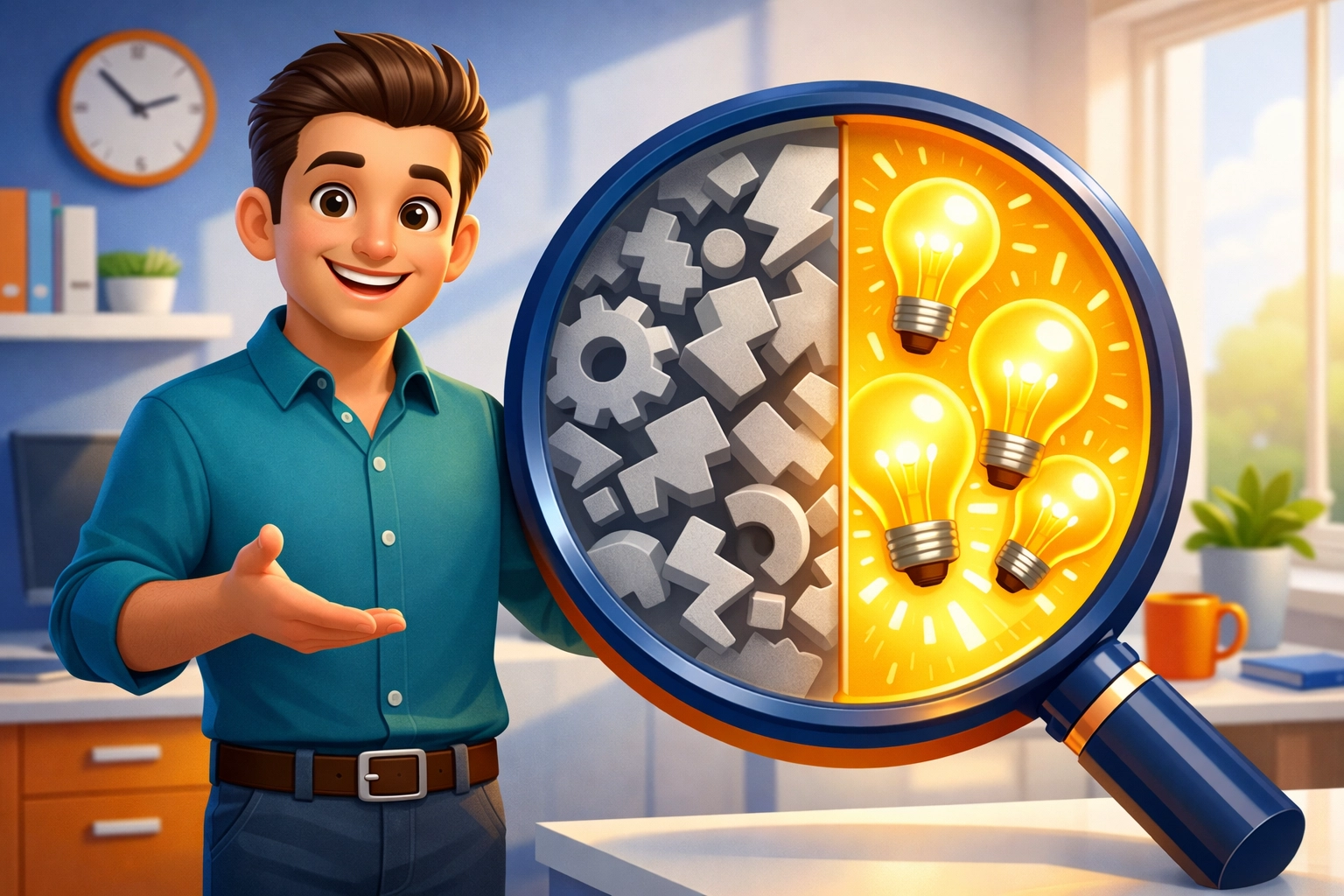 Business owner using a magnifying glass to gain clarity and trust in SME lead generation.