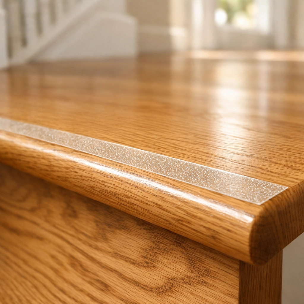 Close-up of a wooden stair step with a transparent anti-slip safety tread applied to the edge for grip.