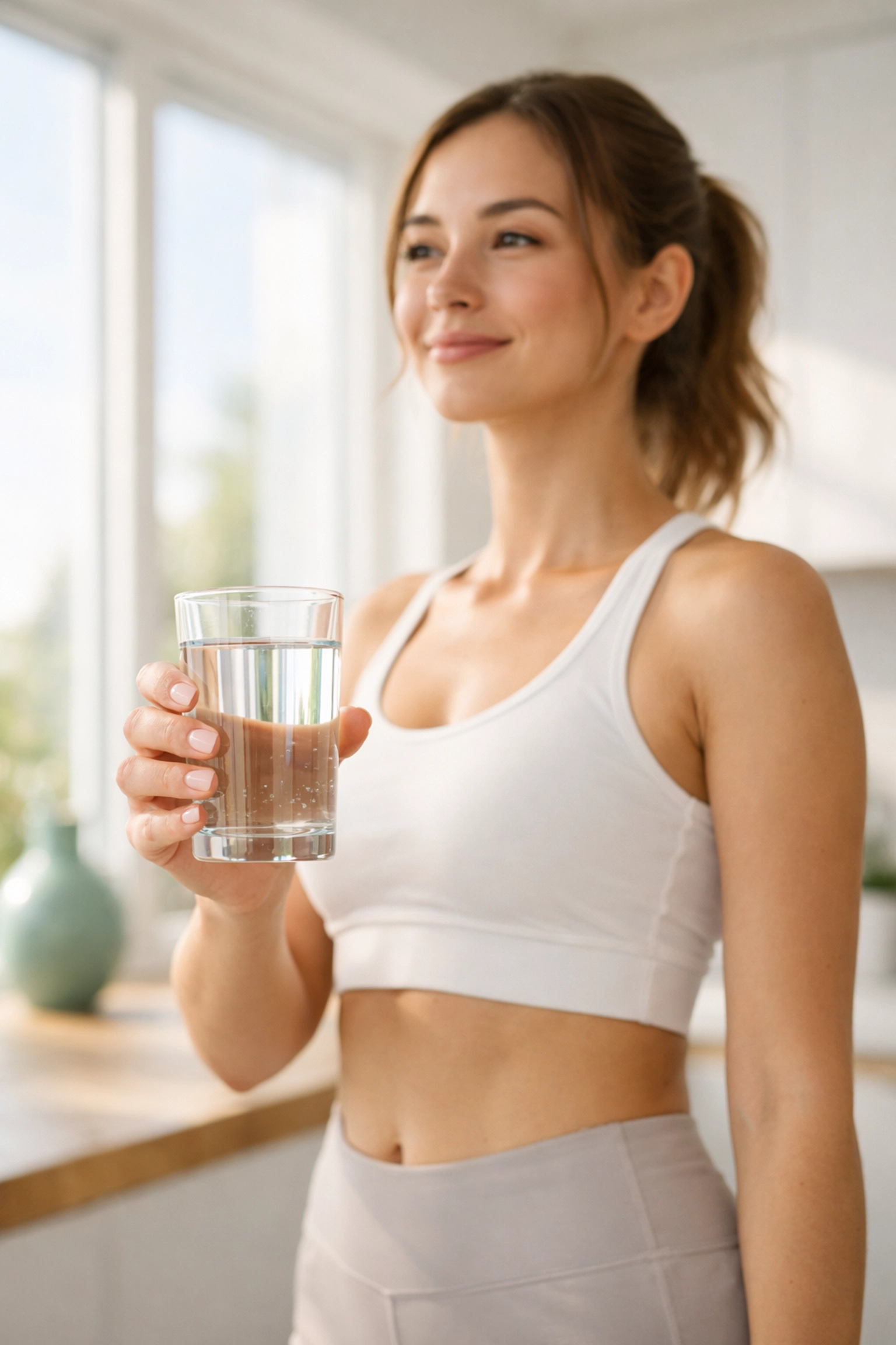 Woman drinking water for kidney health in bright modern kitchen