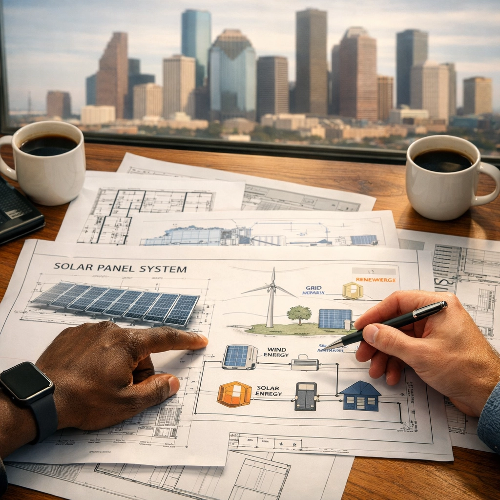 Gay couple collaborating on renewable energy project in Houston office