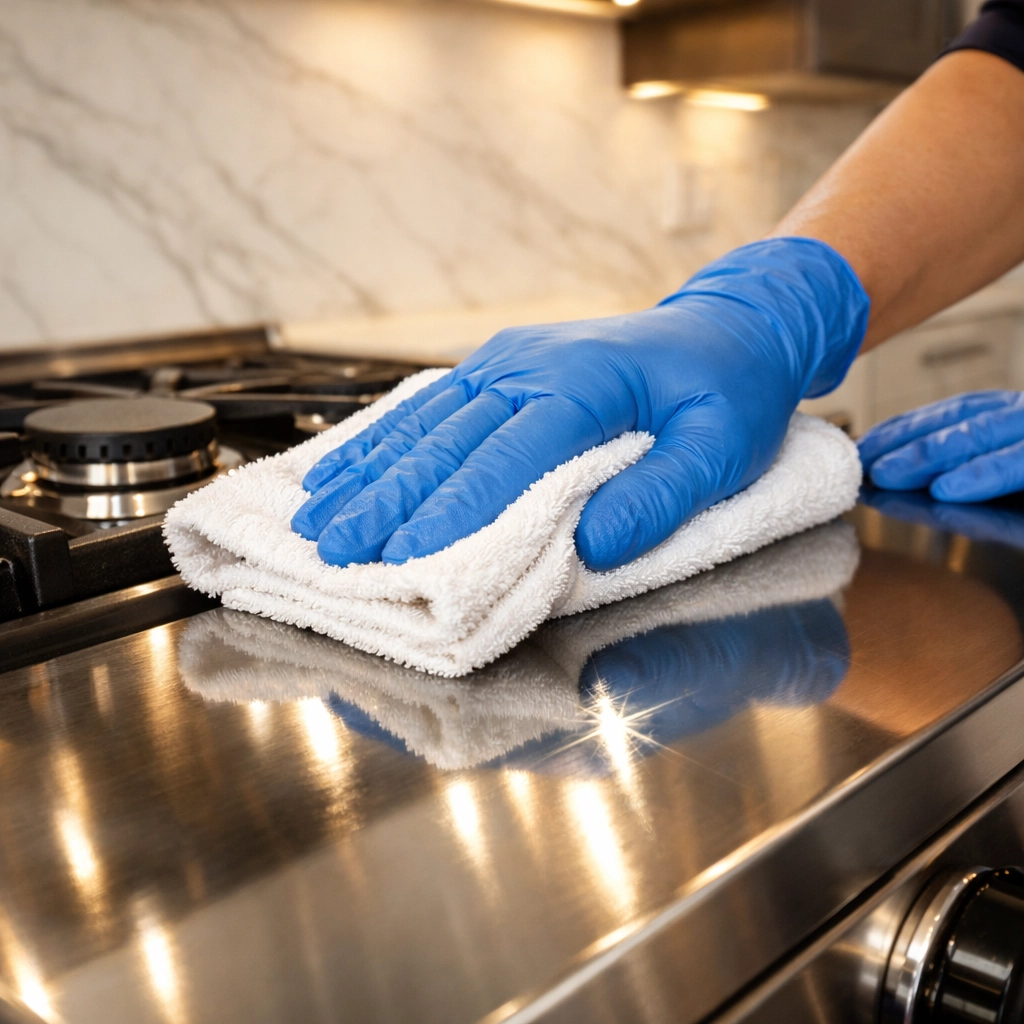 Close-up of a professional cleaner detailing a kitchen stove during a deep cleaning service session.
