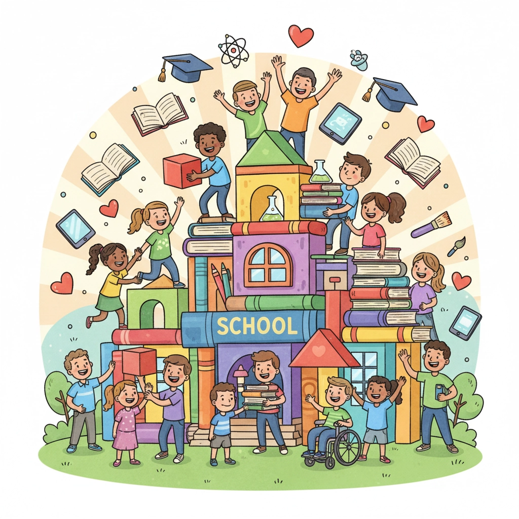 Children play joyfully around a colorful school made of books. Hearts and science icons float above. "SCHOOL" visible on a book.