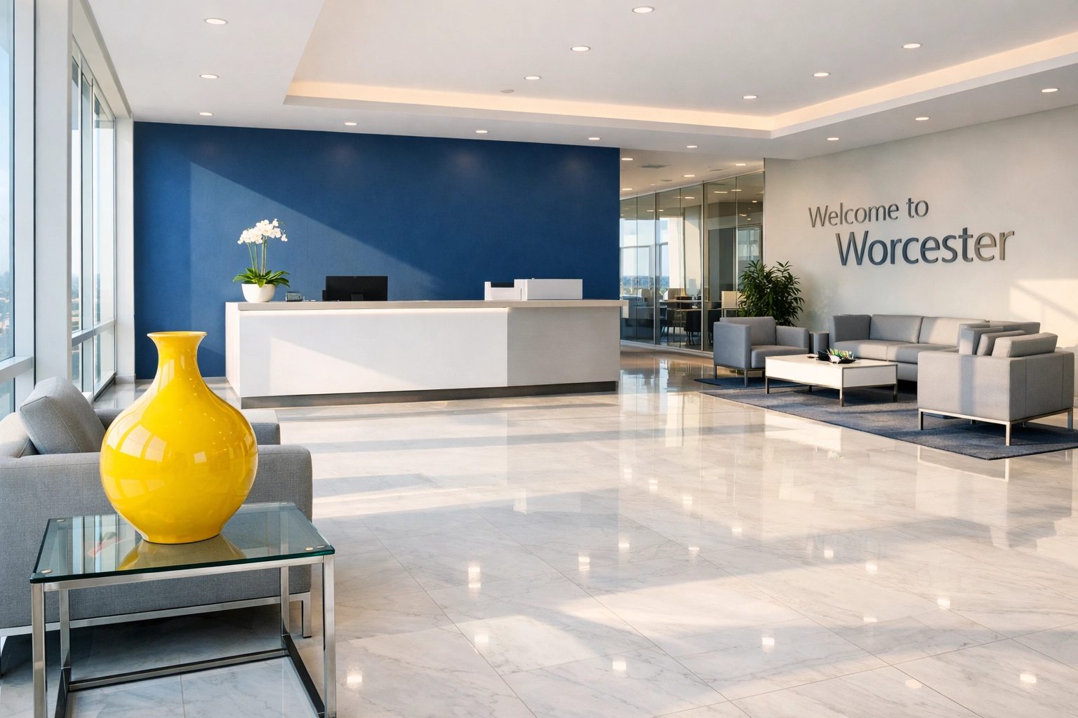 A clean and professional Worcester office reception area with polished marble floors and modern furniture.
